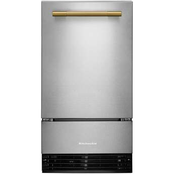 KitchenAid 18 Inch Freestanding/Built-In Undercounter Clear Ice Maker with 35 lbs. Ice Storage Capacity, Drop-Down Door, PrintShield™ Finish, Fully Flush Installation, Self-Cleaning Cycle, Filter-Ready, Built-In Drain Pump System, and Max Ice: PrintShield™ Stainless Steel